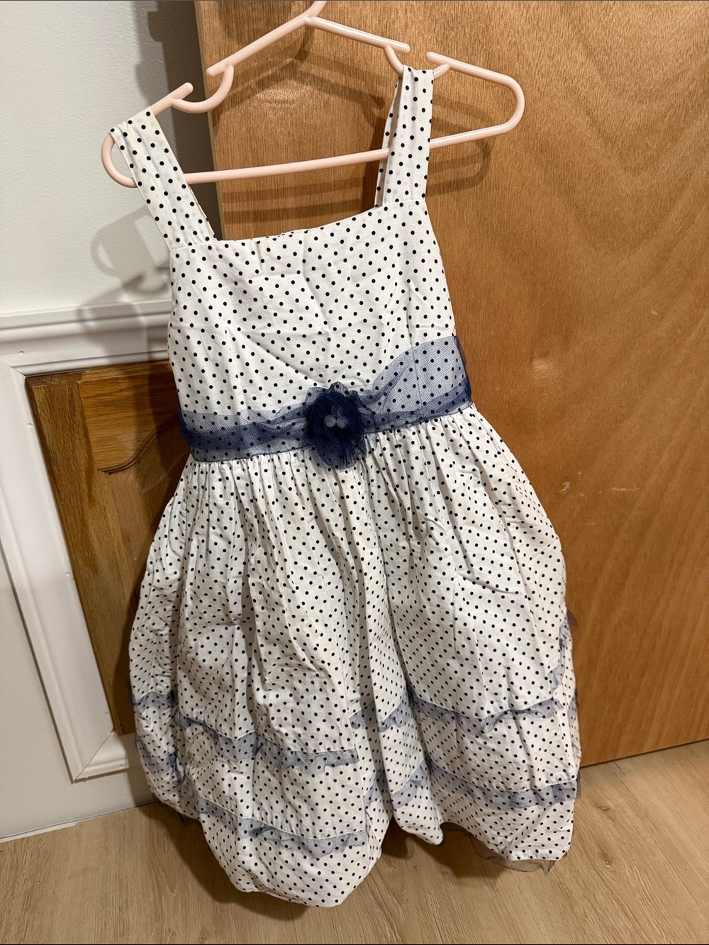 White Polka Dot Formal Dress for Girls with Navy Tulle Sash